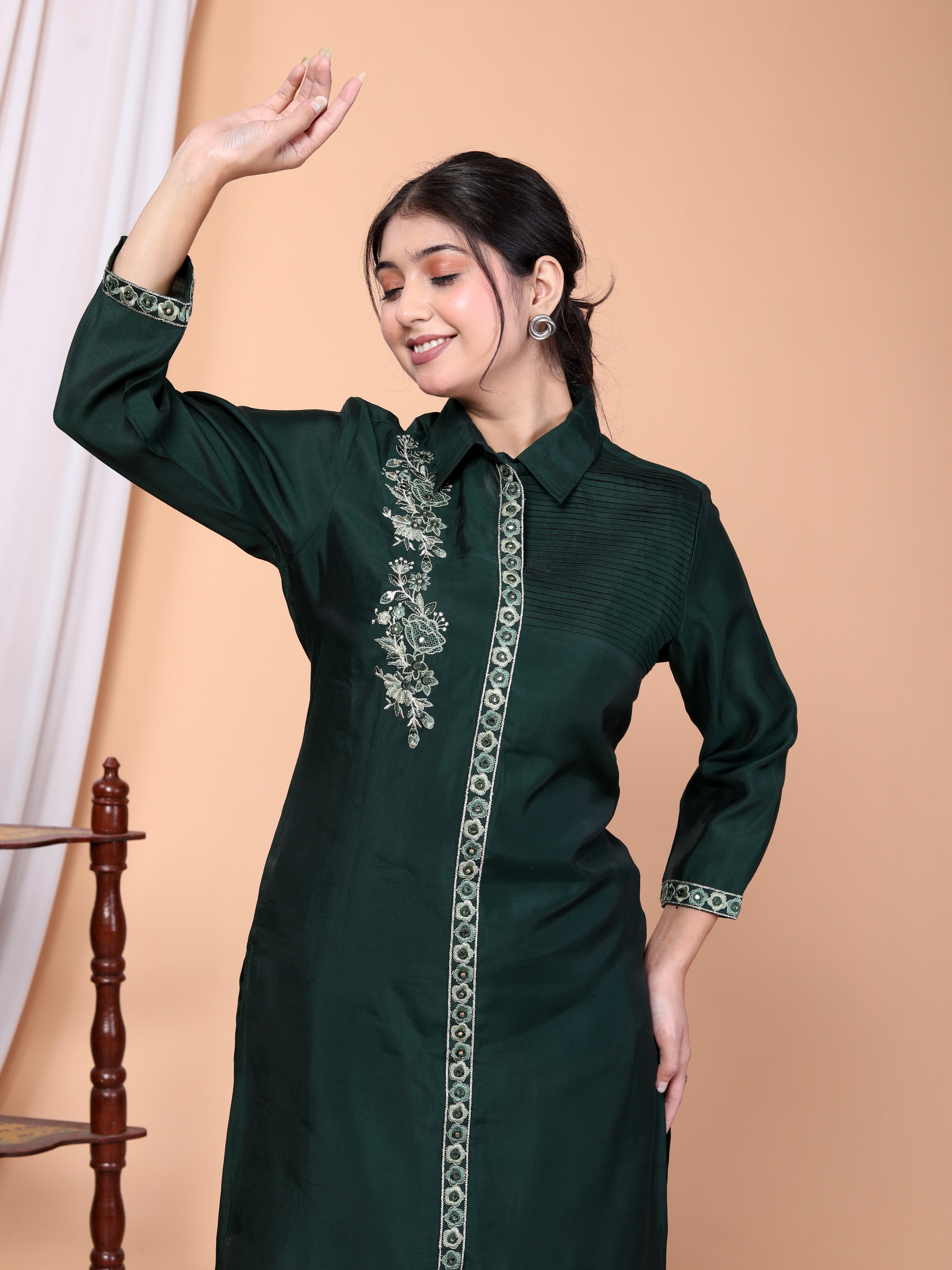 Green Embroidered Roman Silk Co-Ord Set