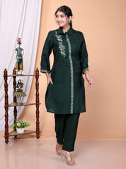 Green Embroidered Roman Silk Co-Ord Set