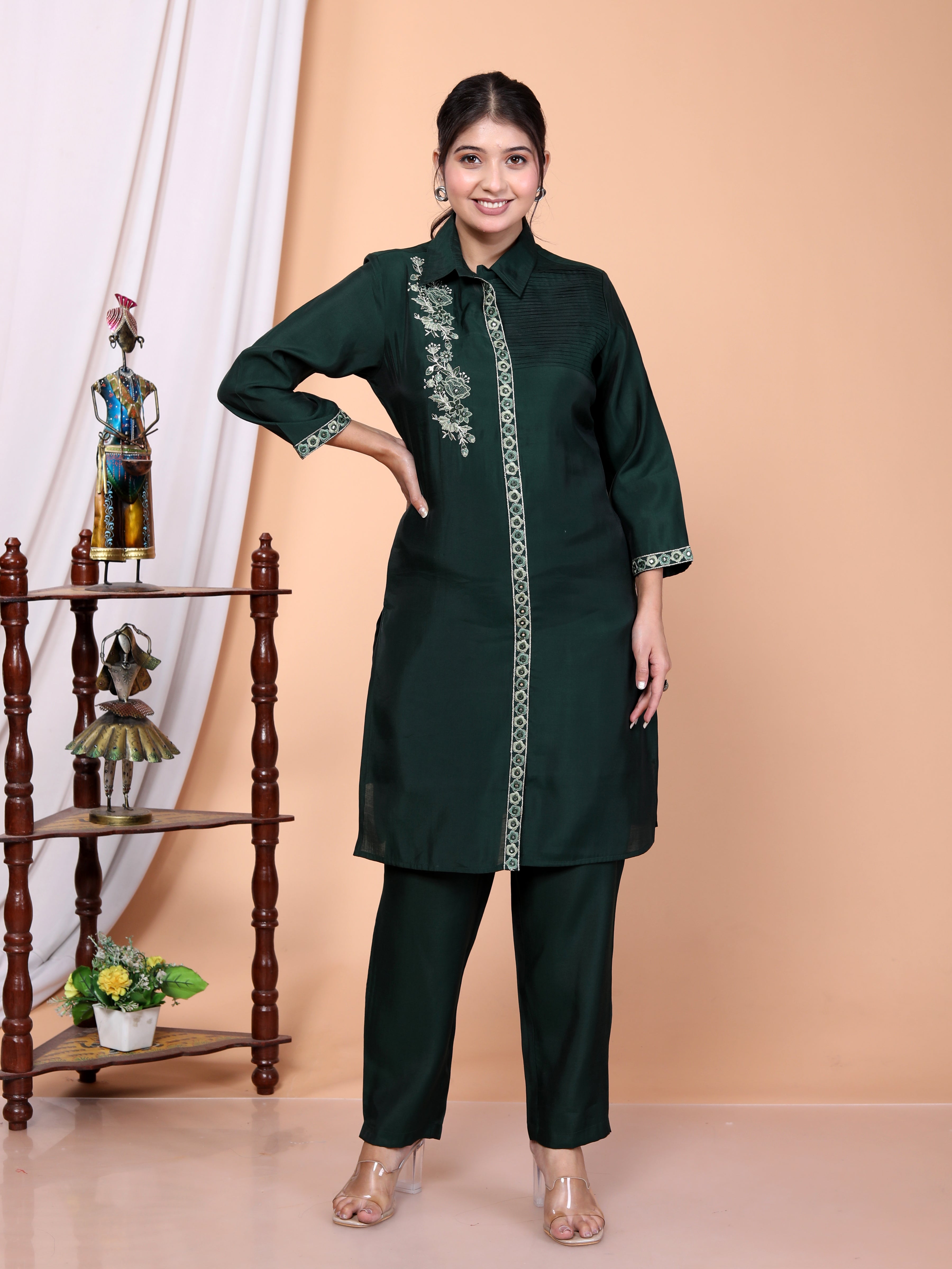 Green Embroidered Roman Silk Co-Ord Set