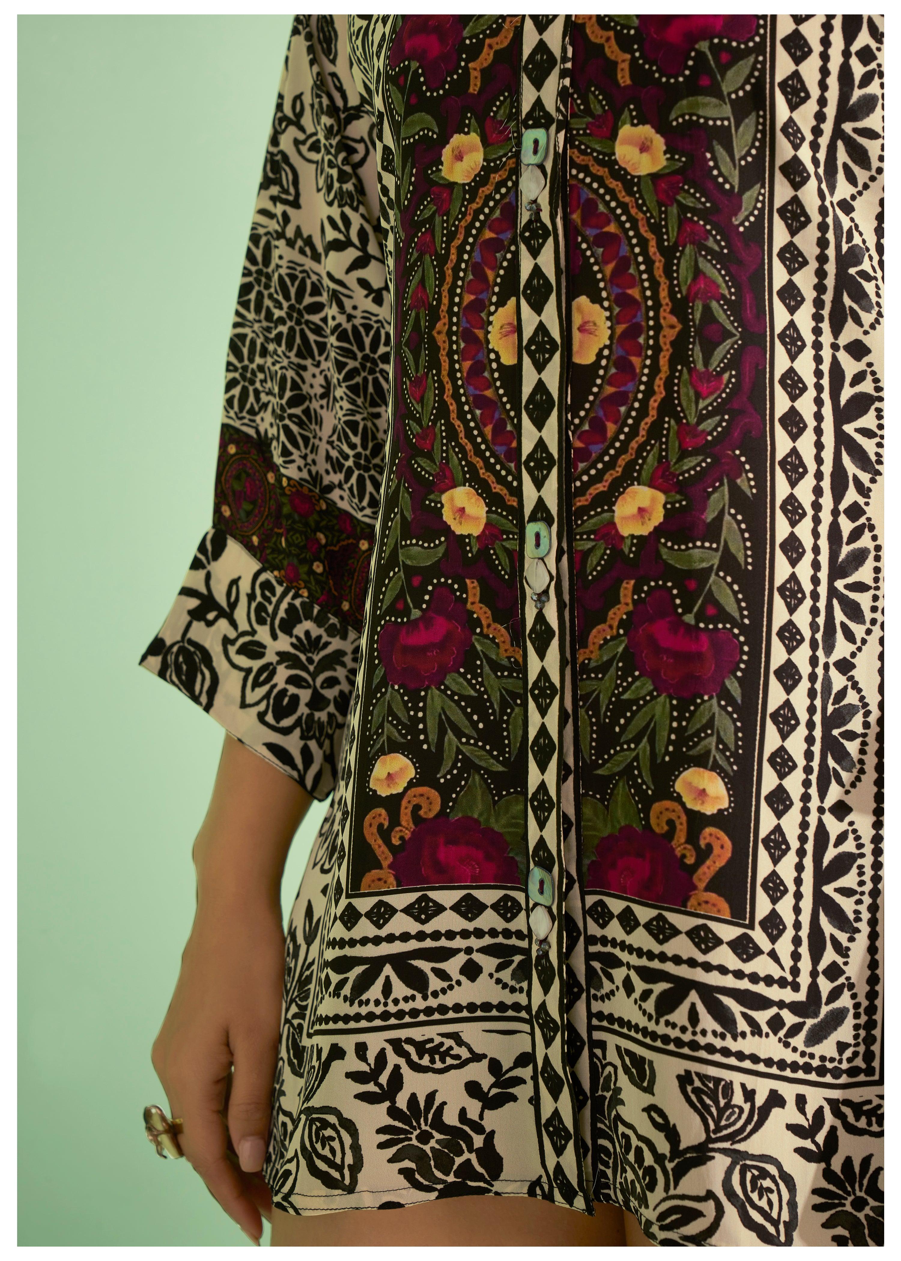 Cream Base with Crepe Black Placement Floral Printed Tunic