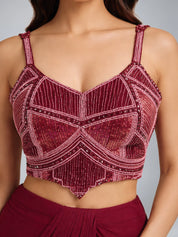 Maroon Embellished Two-Piece Chinon Pre Draped Saree Set