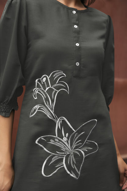 Dark Grey Embroidered Viscose Tunic With Pant