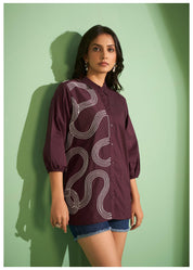 Maroon Cotton Poplin Shirt with Cord Embroidery