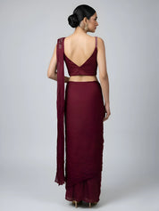 Maroon Embellished Two-Piece Chinon Pre Draped Saree Set