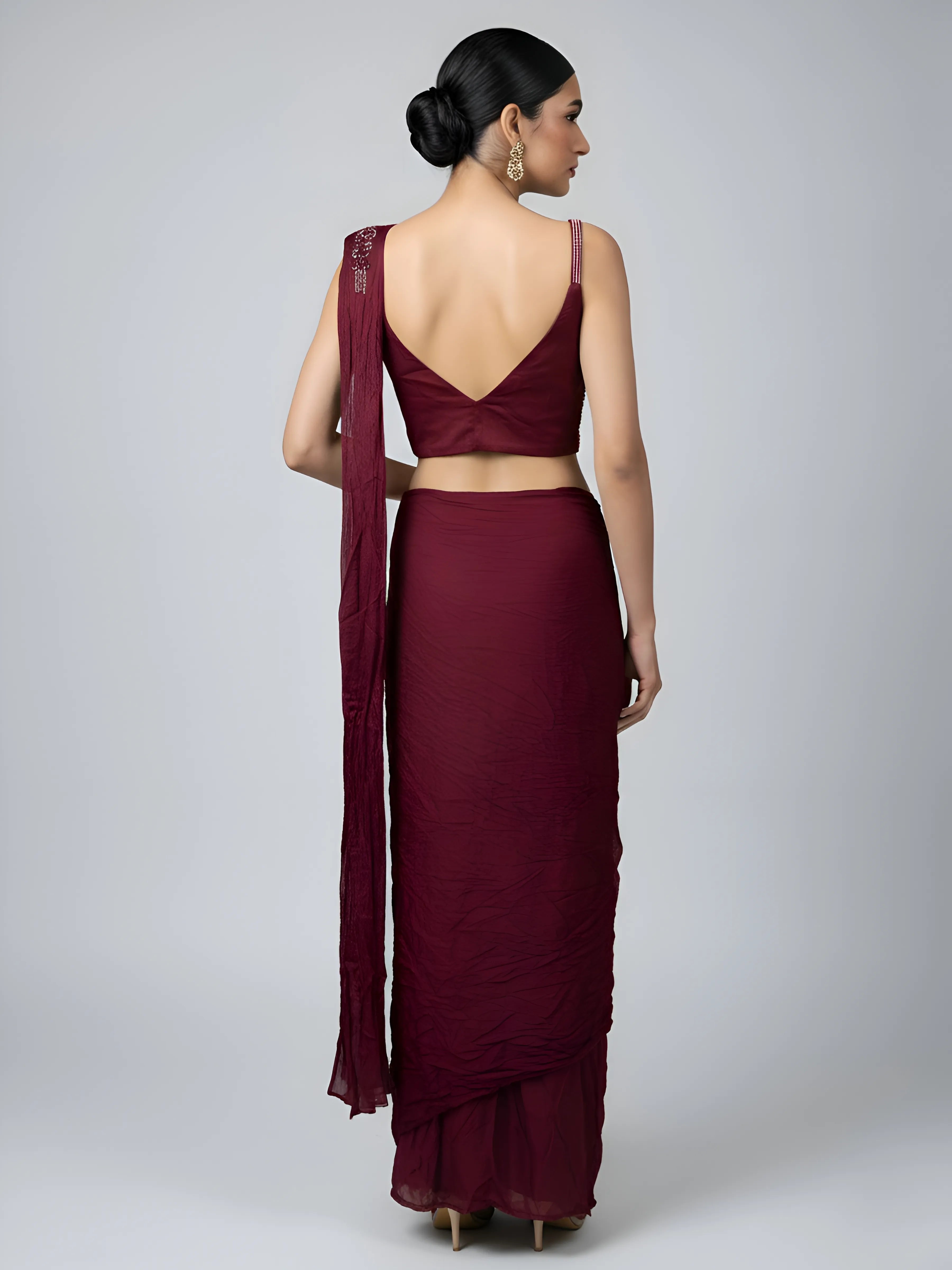 Maroon Embellished Two-Piece Chinon Pre Draped Saree Set