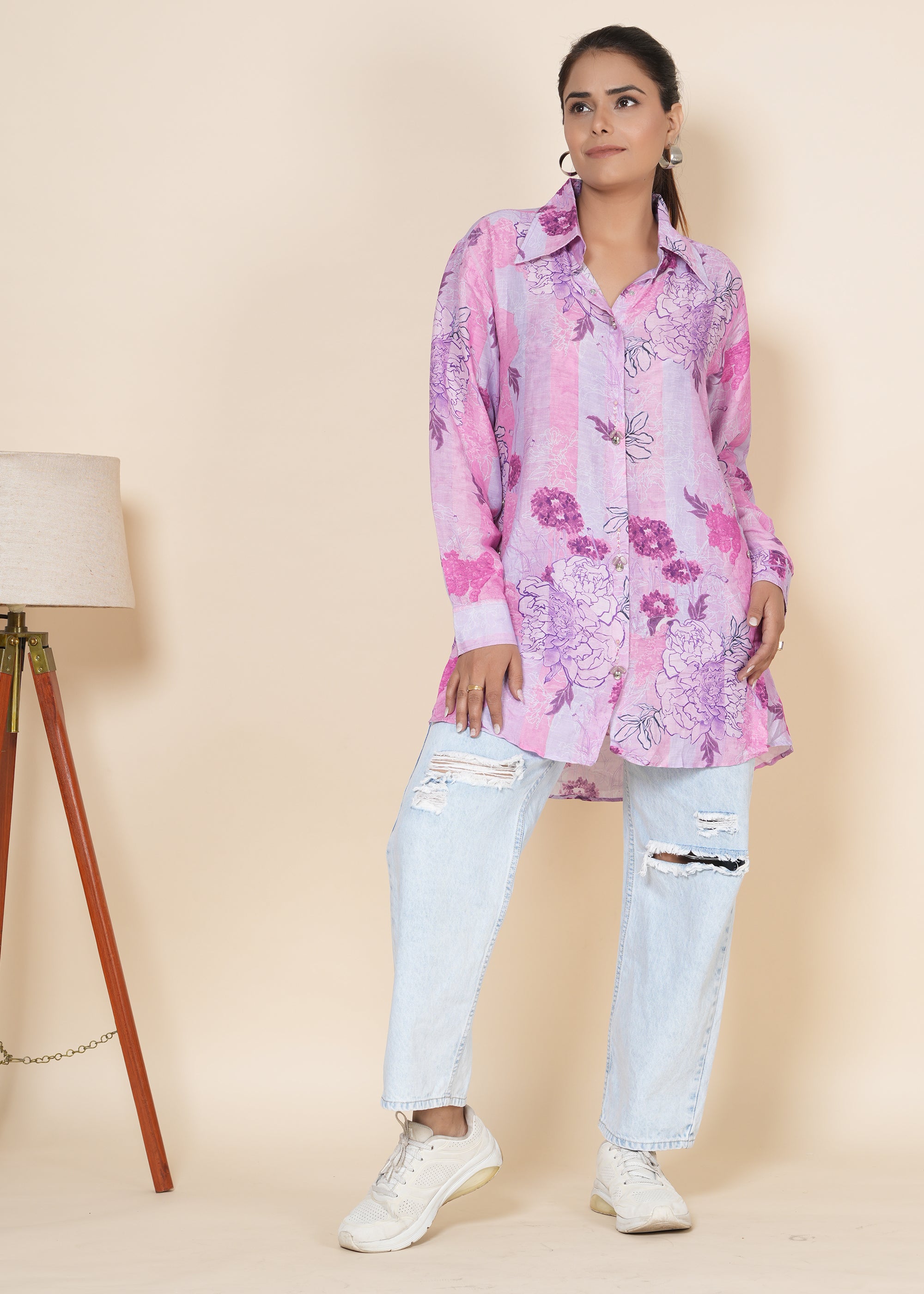 Shades Of Pink Floral Printed Shirt Style Tunic - Kaftanize