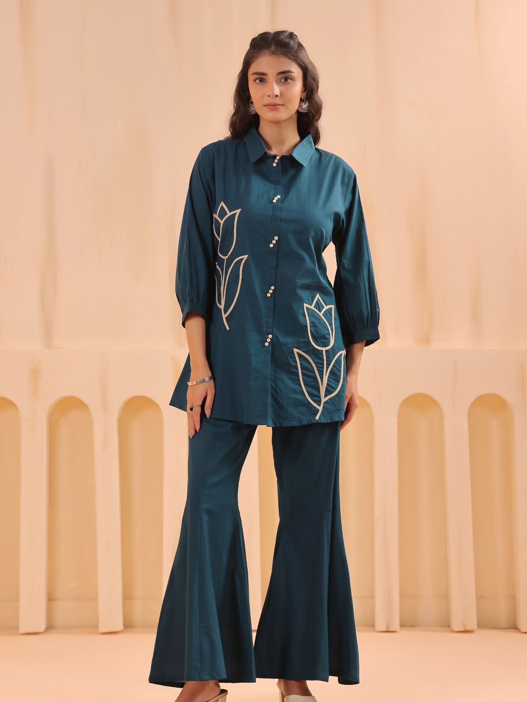 Teal Blue Cotton Co-ord Set with Rosebud Piping Embroidery