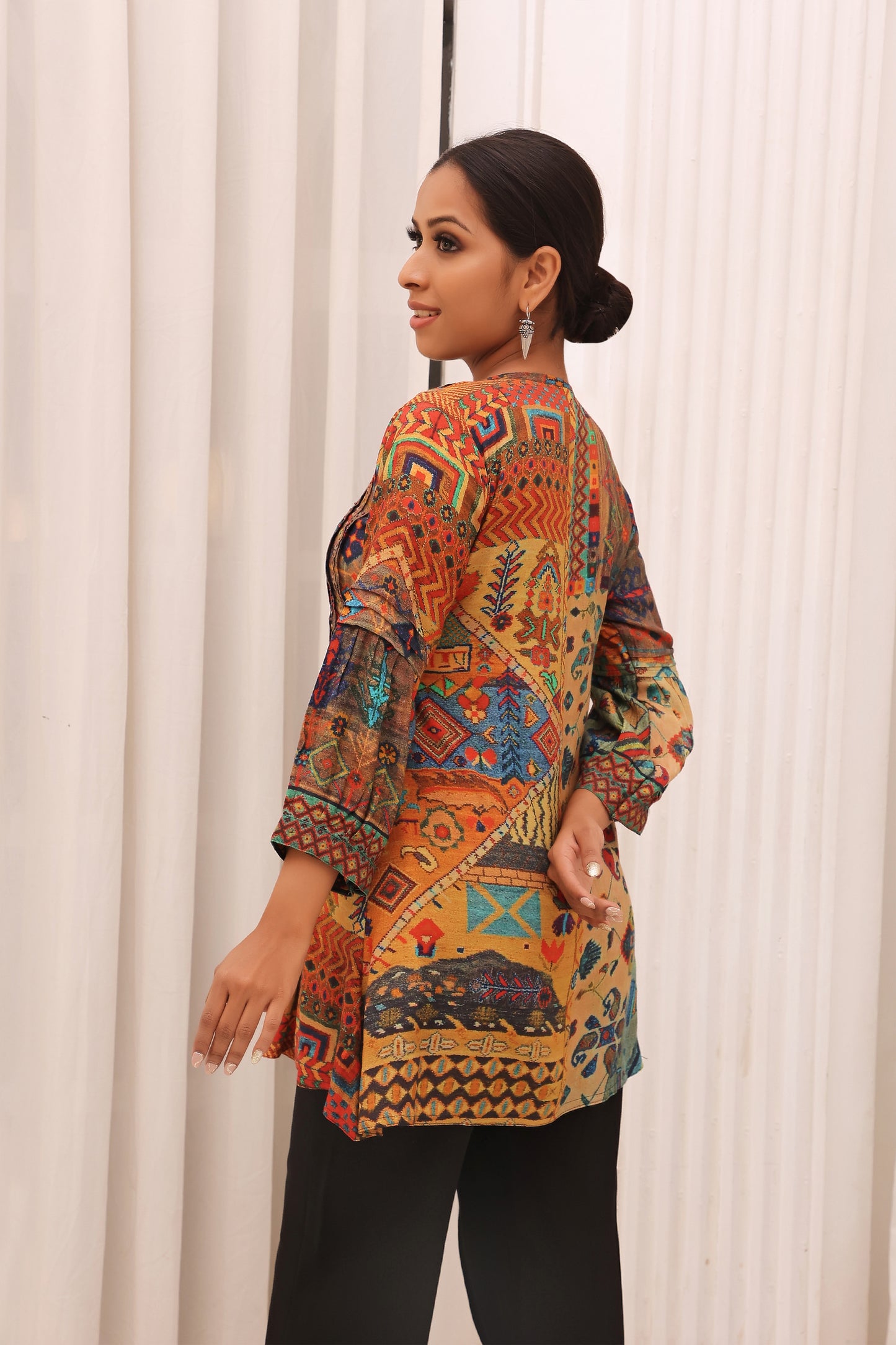 Multicolored Printed Muslin Tunic With Embellishment