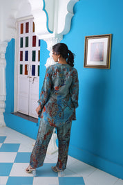 Kaftanize Blue Paisley Printed Muslin Tunic & Trouser Set