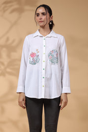 White Cotton Flex Shirt with Embroidered