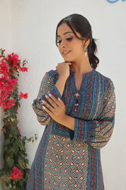 Blue And Beige Printed Tunic Set With Embellishment