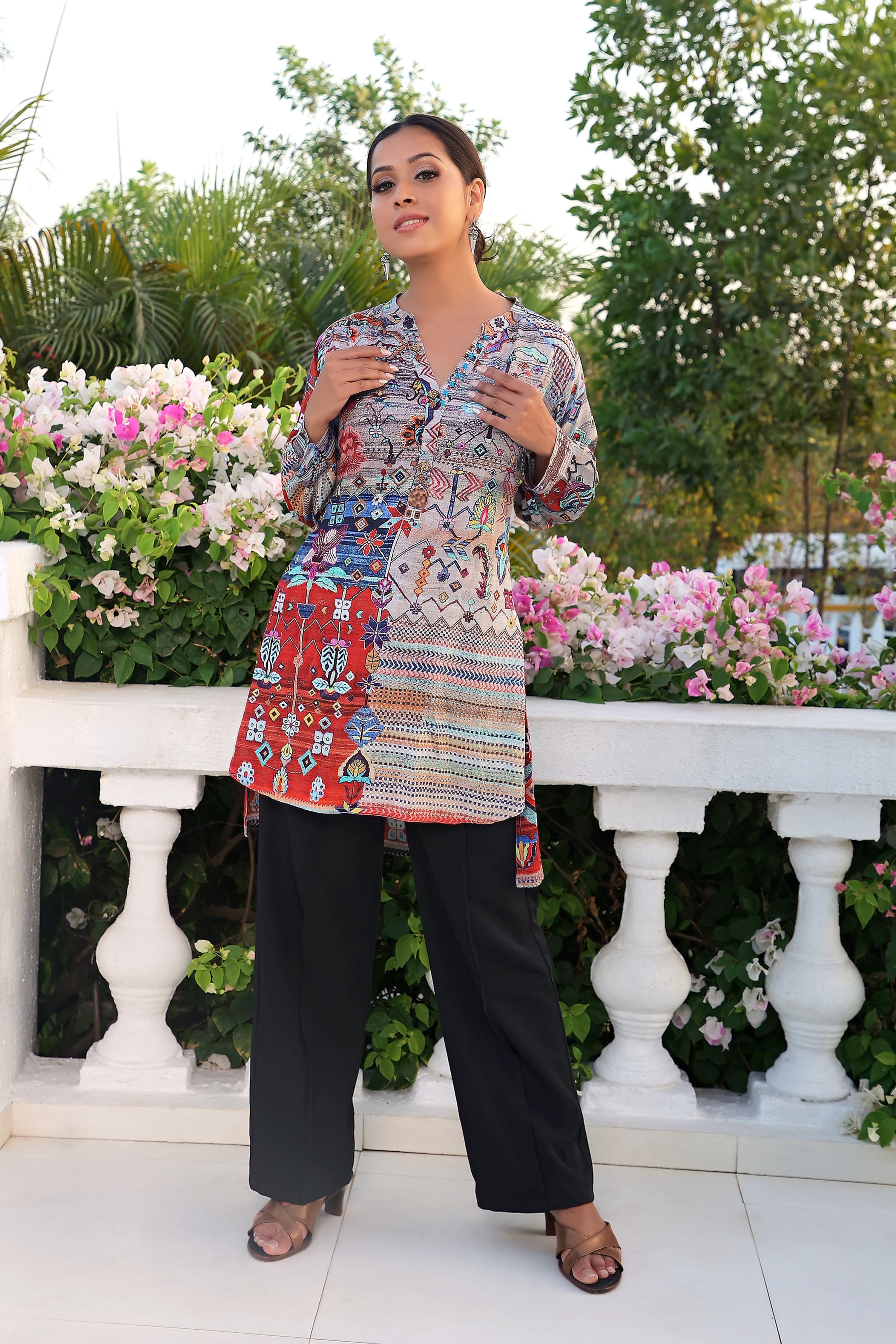 Red & Grey Multicolored Printed High Low Muslin Tunic - Kaftanize