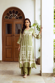 Sage Green Ethnic Set with Abstract Rayon Geometric Print