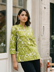 Green & White Floral Pintuck Kurti