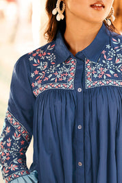 Blue Embroidered Cotton Cambric Short Dress