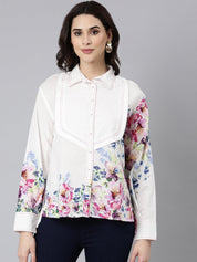 White Cotton Cambric Full-Sleeve Shirt with Patch Print