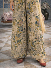 Beige Three-Piece Embellished Co-ord Set with Mirror Work & Chinon Palazzo