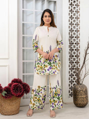 Cream Floral Placement Kurta & Wide-Leg Cotton Flex Co-ord Set