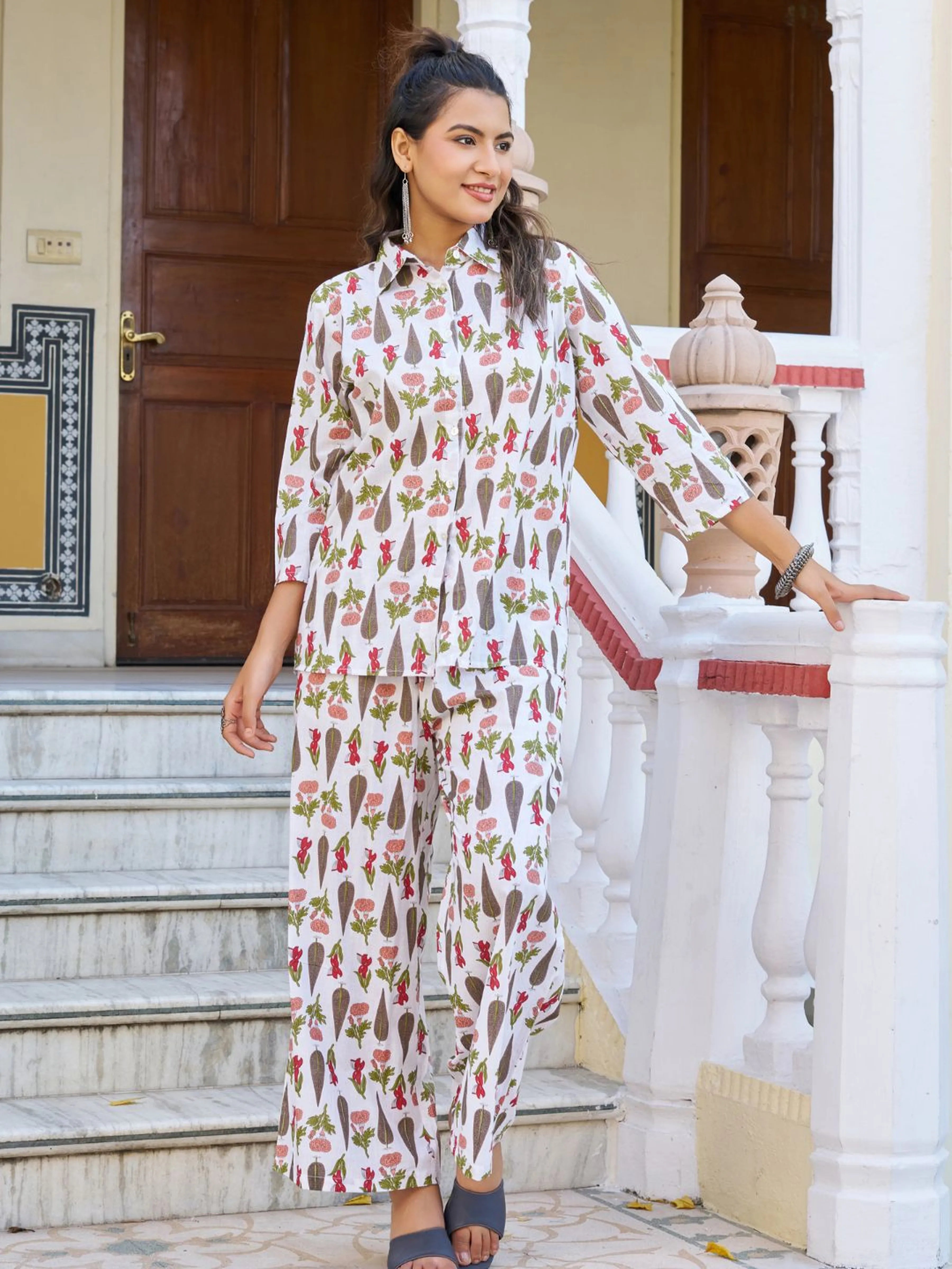 White Floral Block Cotton Co-ord Set