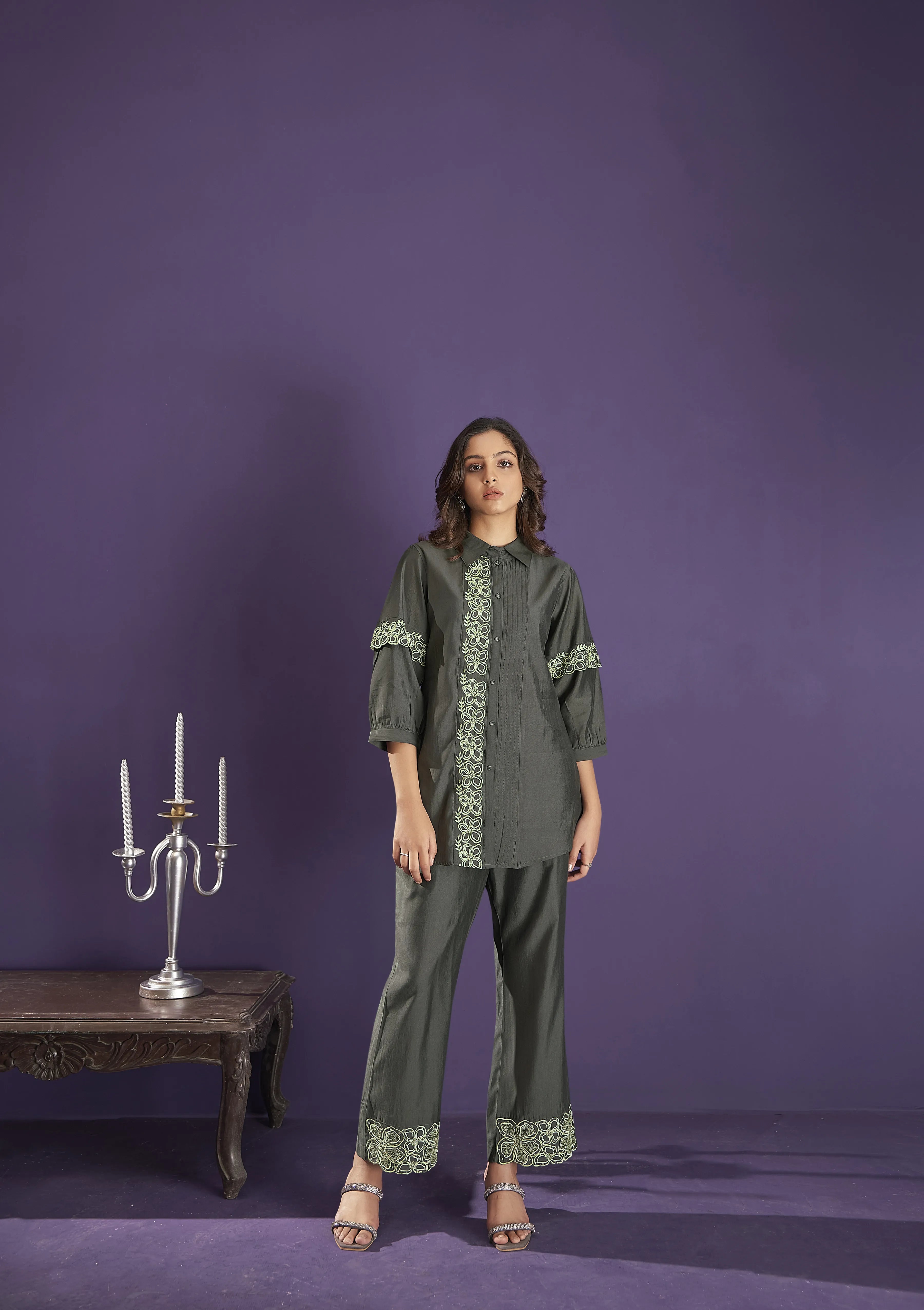 Dark Green Embroidered Kurta With Pants