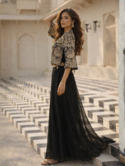 Black Embroidered Three-Piece Set with Cape Jacket & Tassel Details In Georgette & Chinon