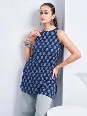 Dark Blue Halter Neck Cotton Kurti with Flower Motif Block Print