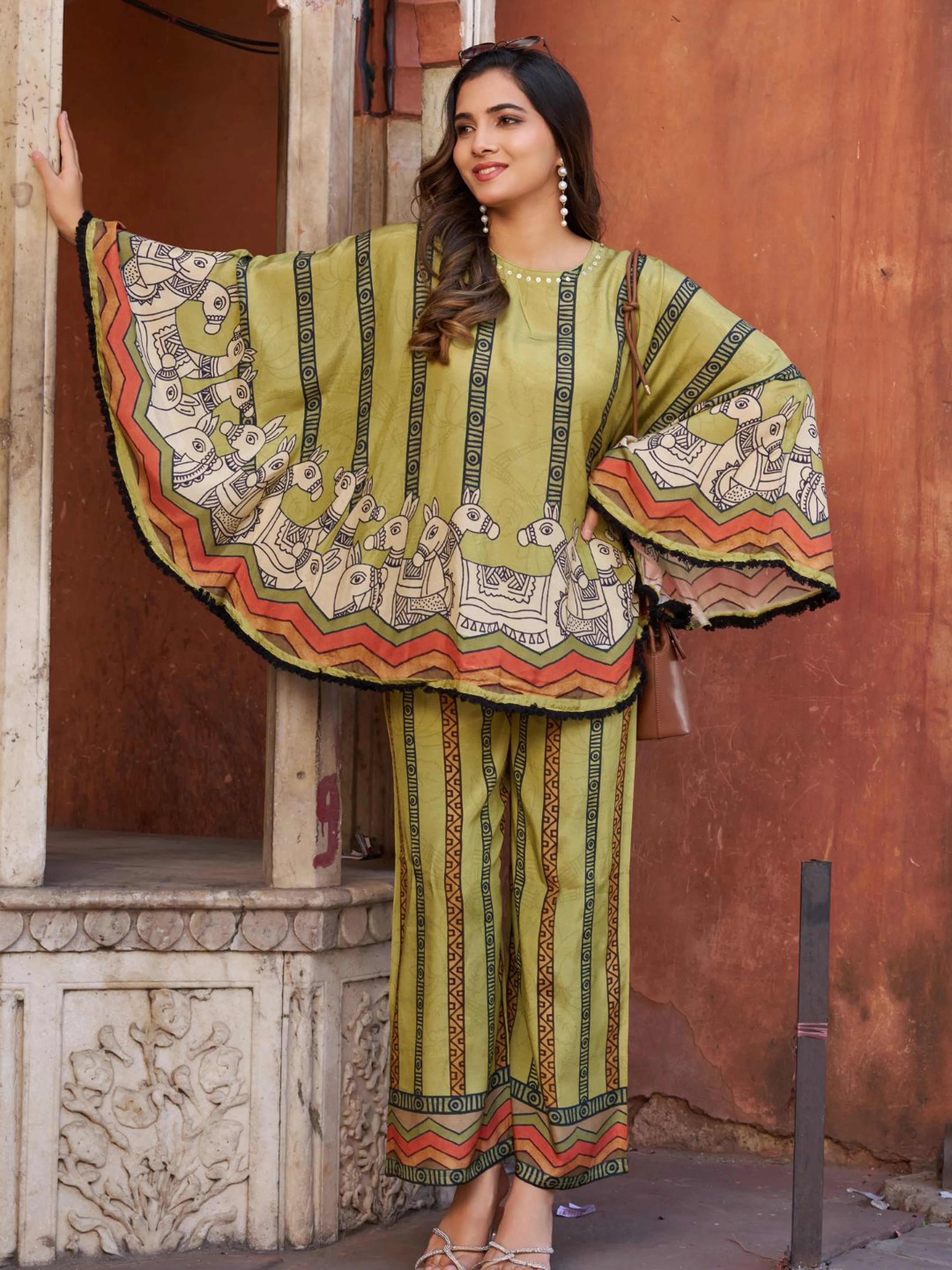 Green Horse Motif Printed Co-ord Set in Viscose Silk