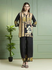 Black & Beige Floral Printed Co-ord Set in Viscose Muslin