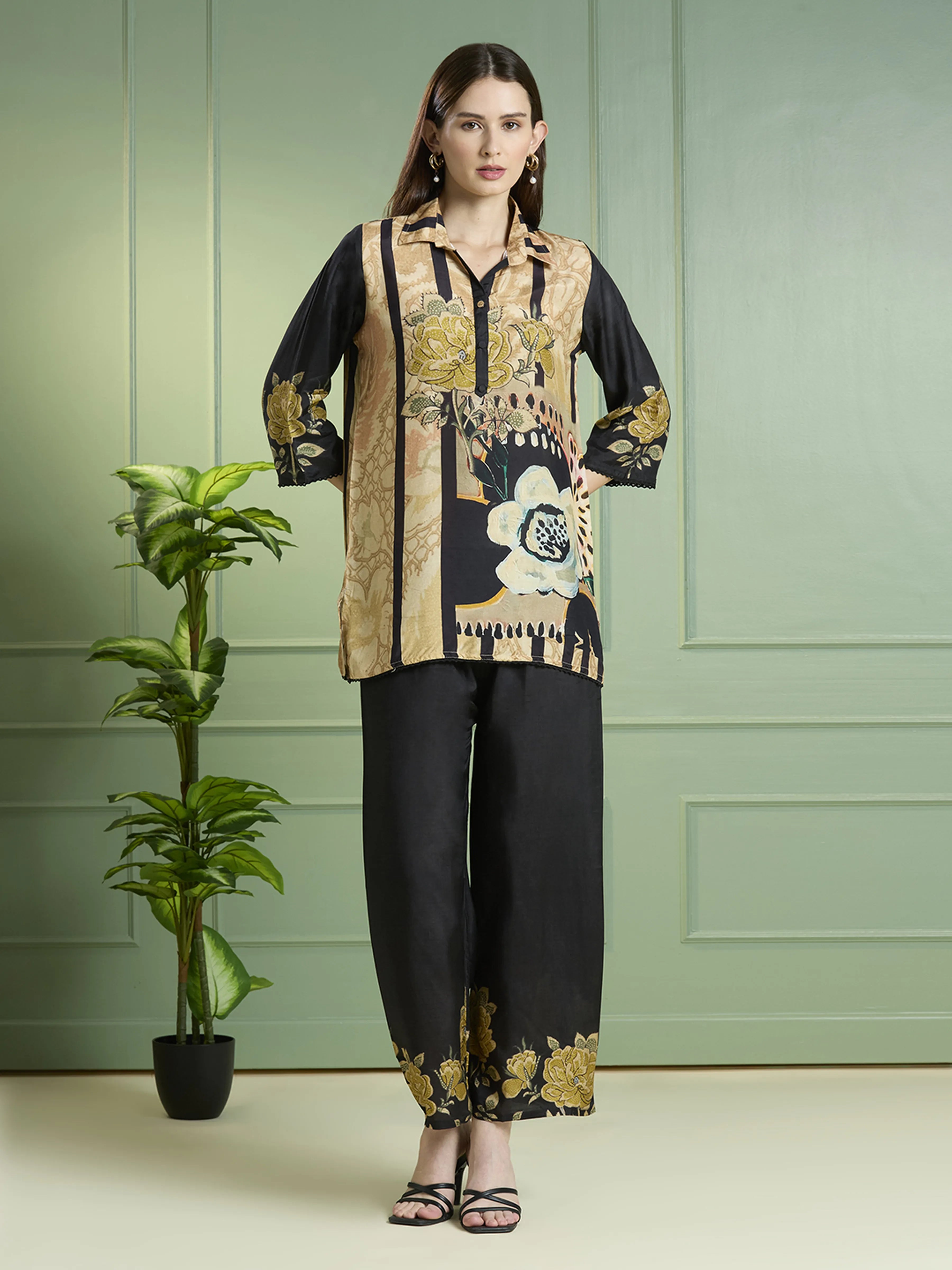 Black & Beige Floral Printed Co-ord Set in Viscose Muslin