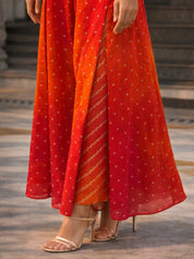 Crimson Orange Ombre Banarasi Brocade Three-Piece Set with Embellished Jacket & Bustier