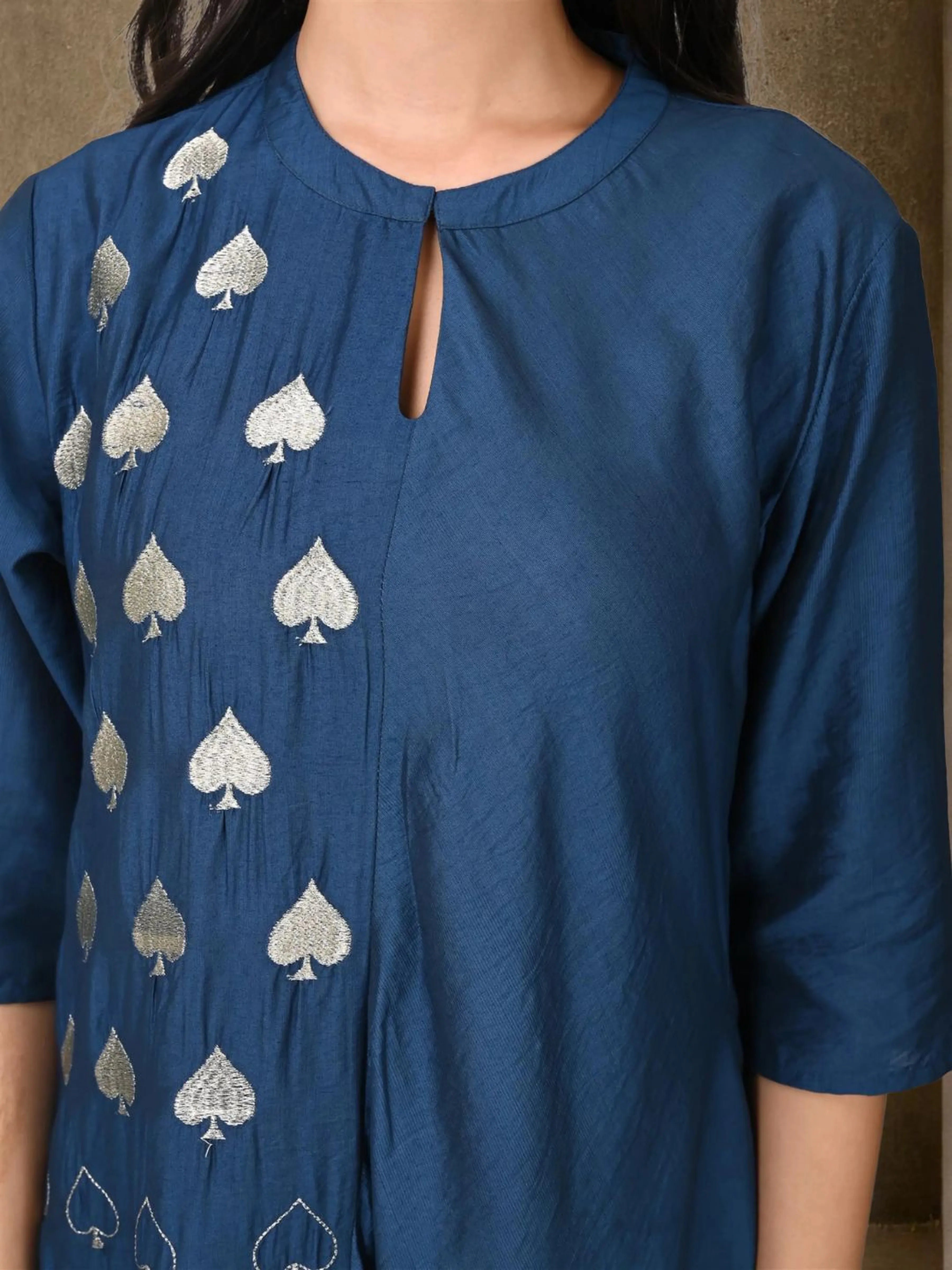 Dark Blue Embroidered Asymmetric Co-ord Set in Chanderi Silk