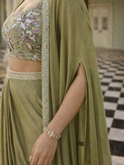 Olive Green Embroidered Three-Piece Set with Beaded Blouse, Tulip Skirt & Organza Cape Jacket