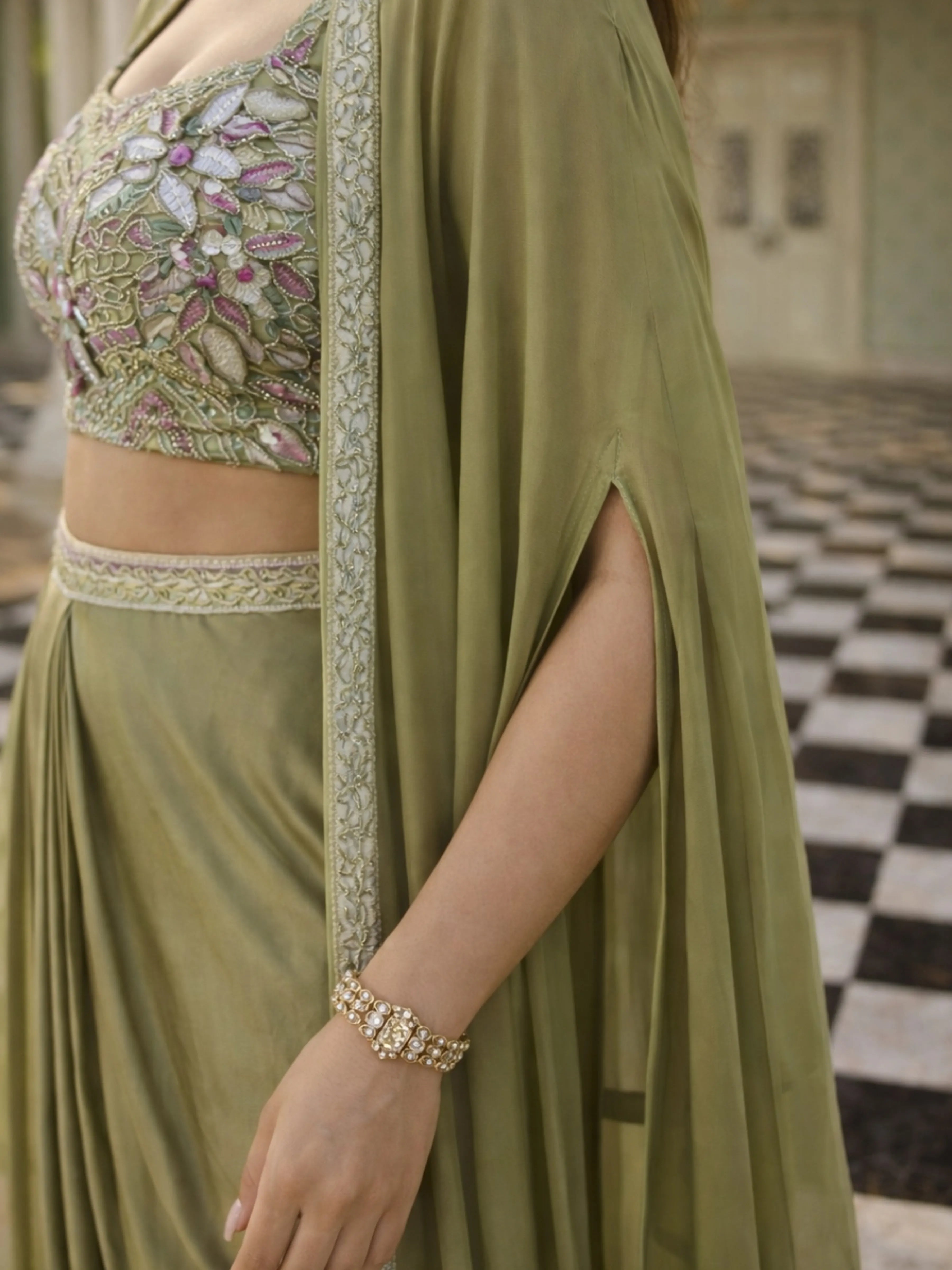 Olive Green Embroidered Three-Piece Set with Beaded Blouse, Tulip Skirt & Organza Cape Jacket