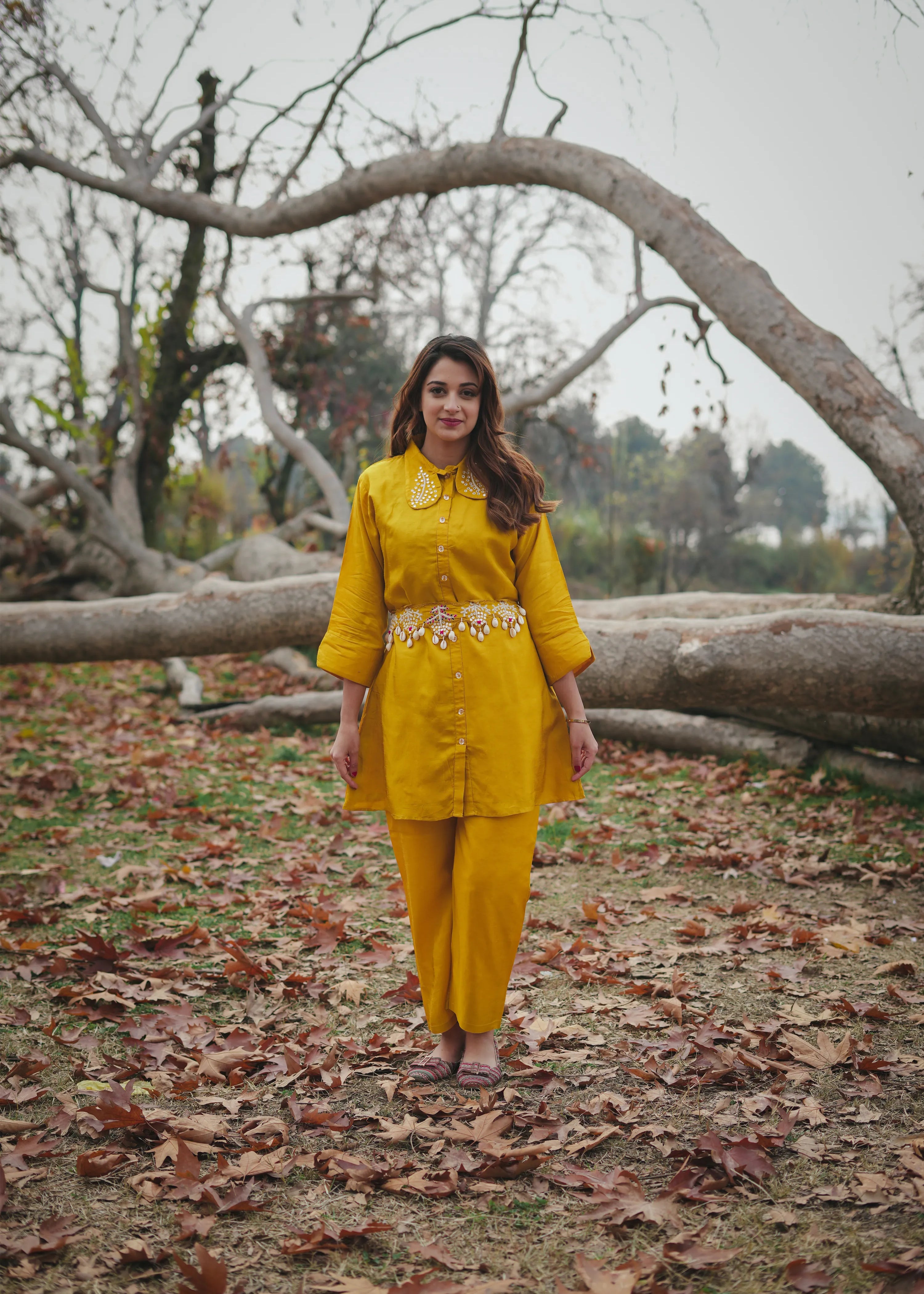 Yellow Embroidered Dola Silk Co-Ord Set