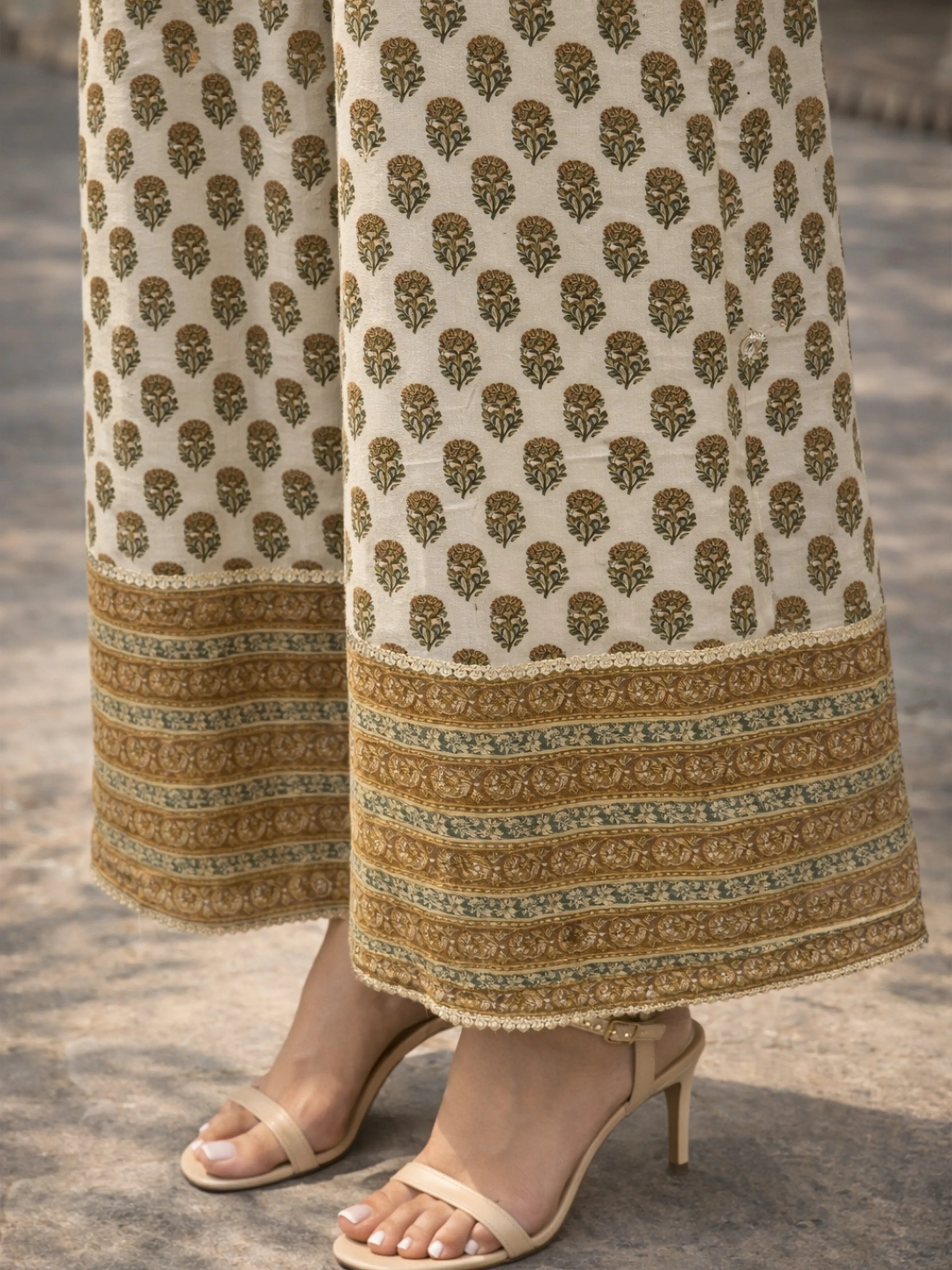 Butter Cream Lurex & Moti Embellished Muslin Co-ord Set with Flared Sleeves