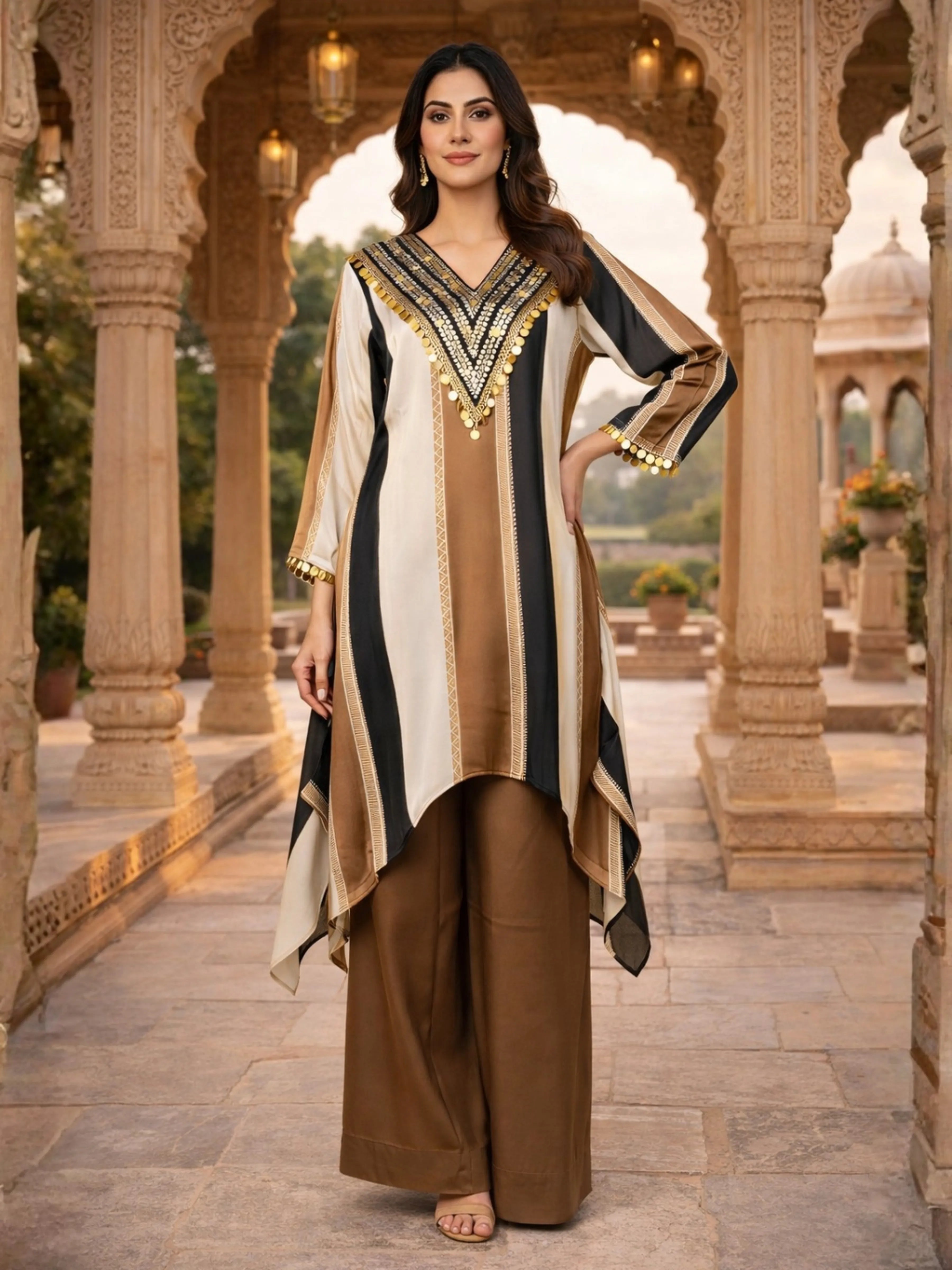 Khaki Brown, Black & Cream High-Low Co-ord Set with Metallic Tikli Embellishment