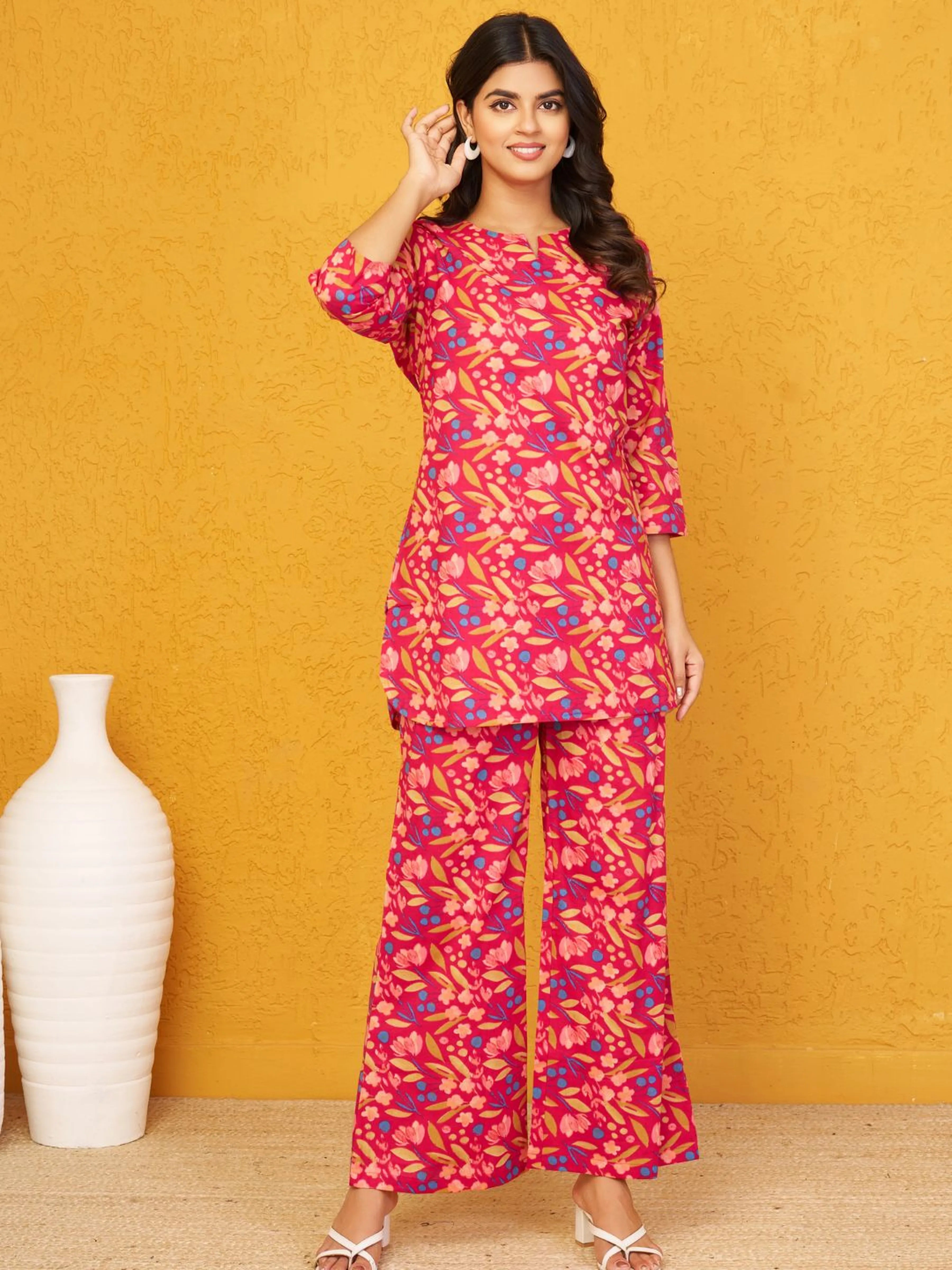 Raspberry Base Multicolor Floral Co-ord Set in Cotton Cambric