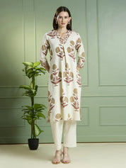 Natural Beige Floral Block Print Kurta Set in Cotton