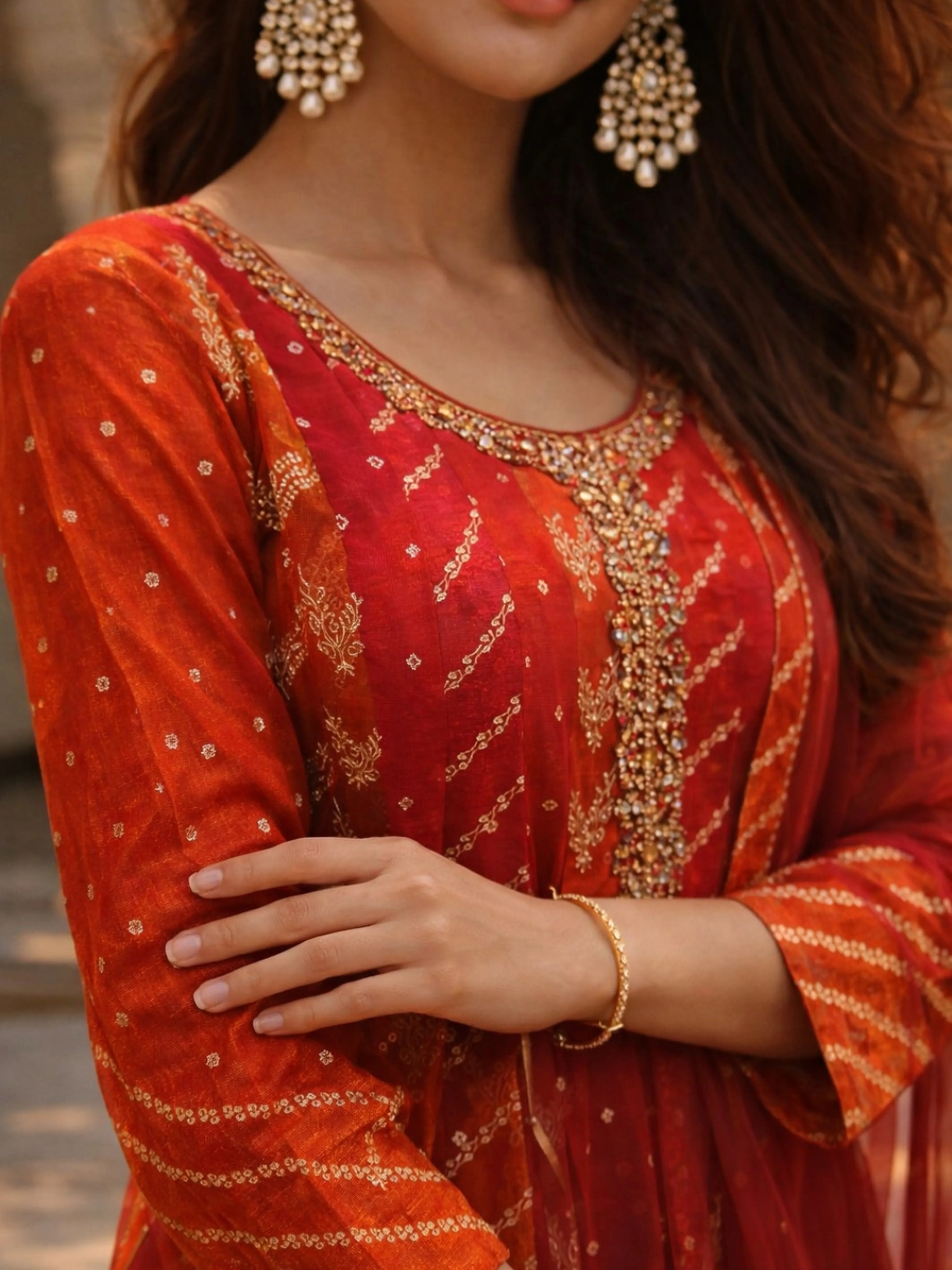 Crimson Orange Ombre Banarasi Brocade Kurti Set with Dupatta Golden Lurex & Tassel Tie-Back