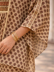 Butter Cream Lurex & Moti Embellished Muslin Kaftan Co-ord Set with Aari Lace Palazzo