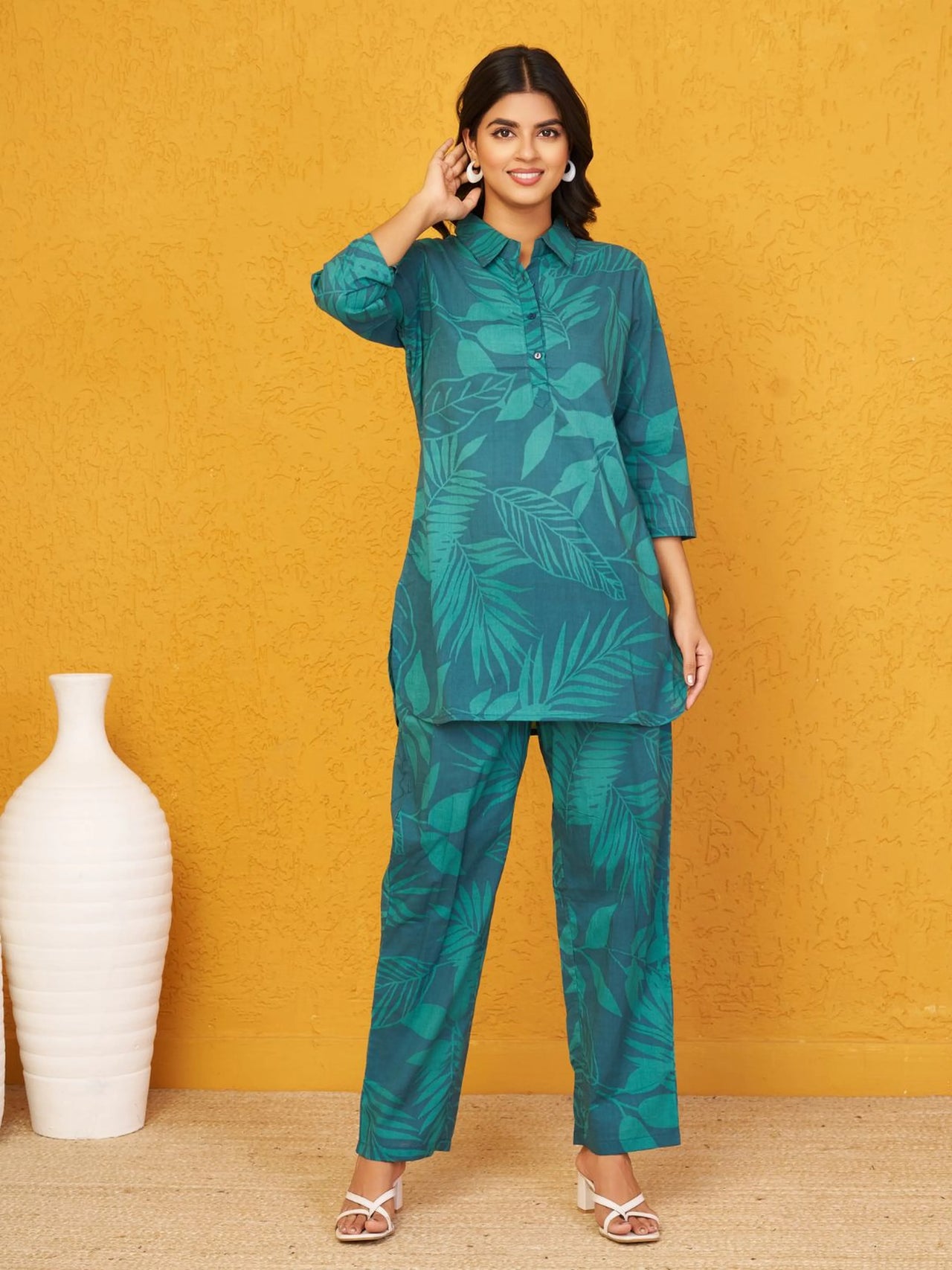 Dark Green Leaf Print Shirt Collar Loungewear Co Ord Set