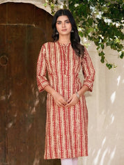 Red & Beige Block Print Cotton Kurta