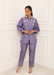 Purple Hand Embellished Pearl Thread Dola Silk Embroidered Shirt Co-ord Set