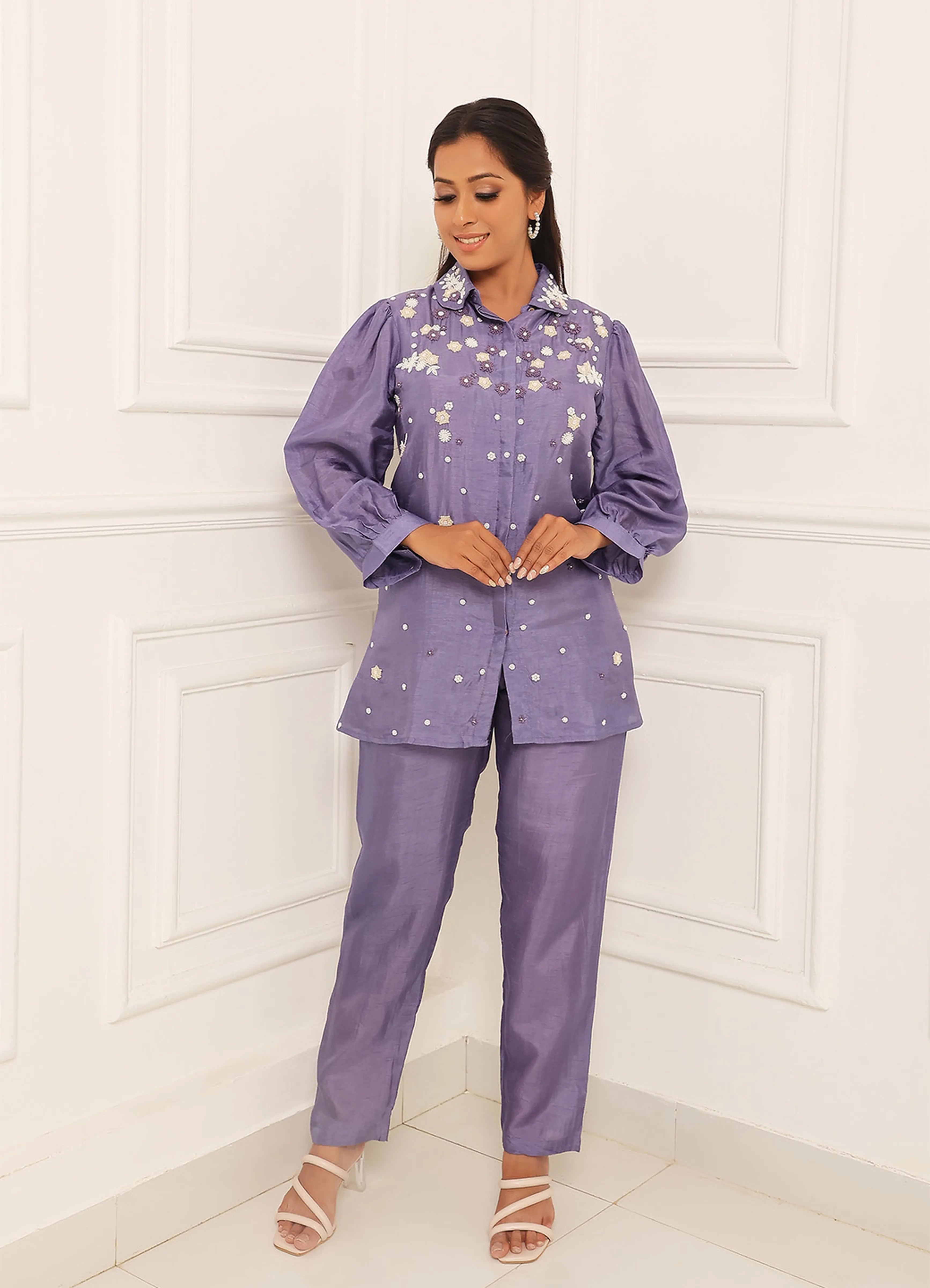 Purple Hand Embellished Pearl Thread Dola Silk Embroidered Shirt Co-ord Set