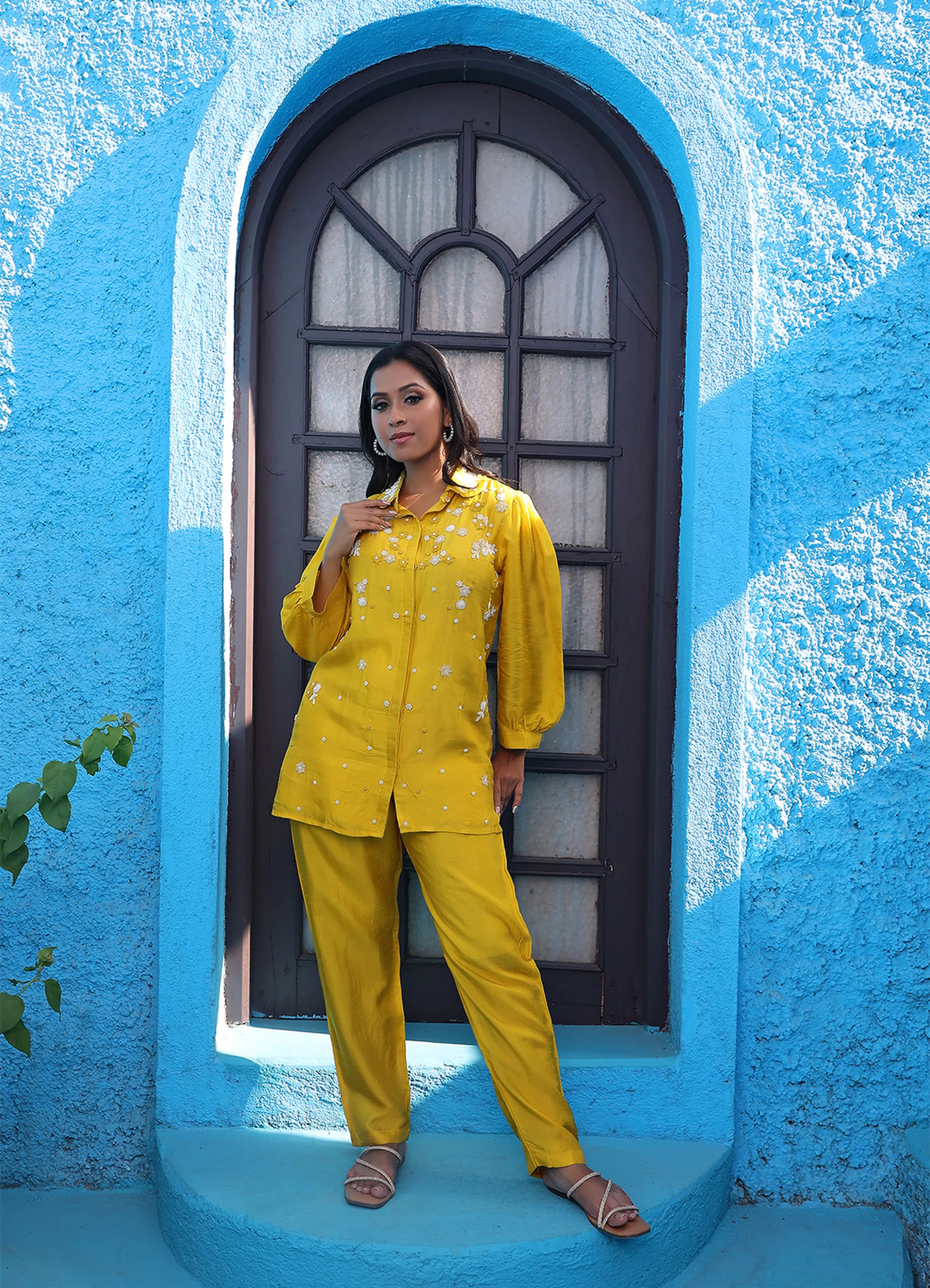 Yellow Hand Embroidered Pearl & Thread Dola Silk Shirt Co-ord Set