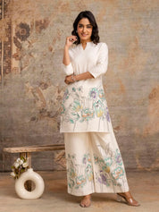 Ivory Floral Kurta & Wide-Leg Cotton Flex Co-ord Set