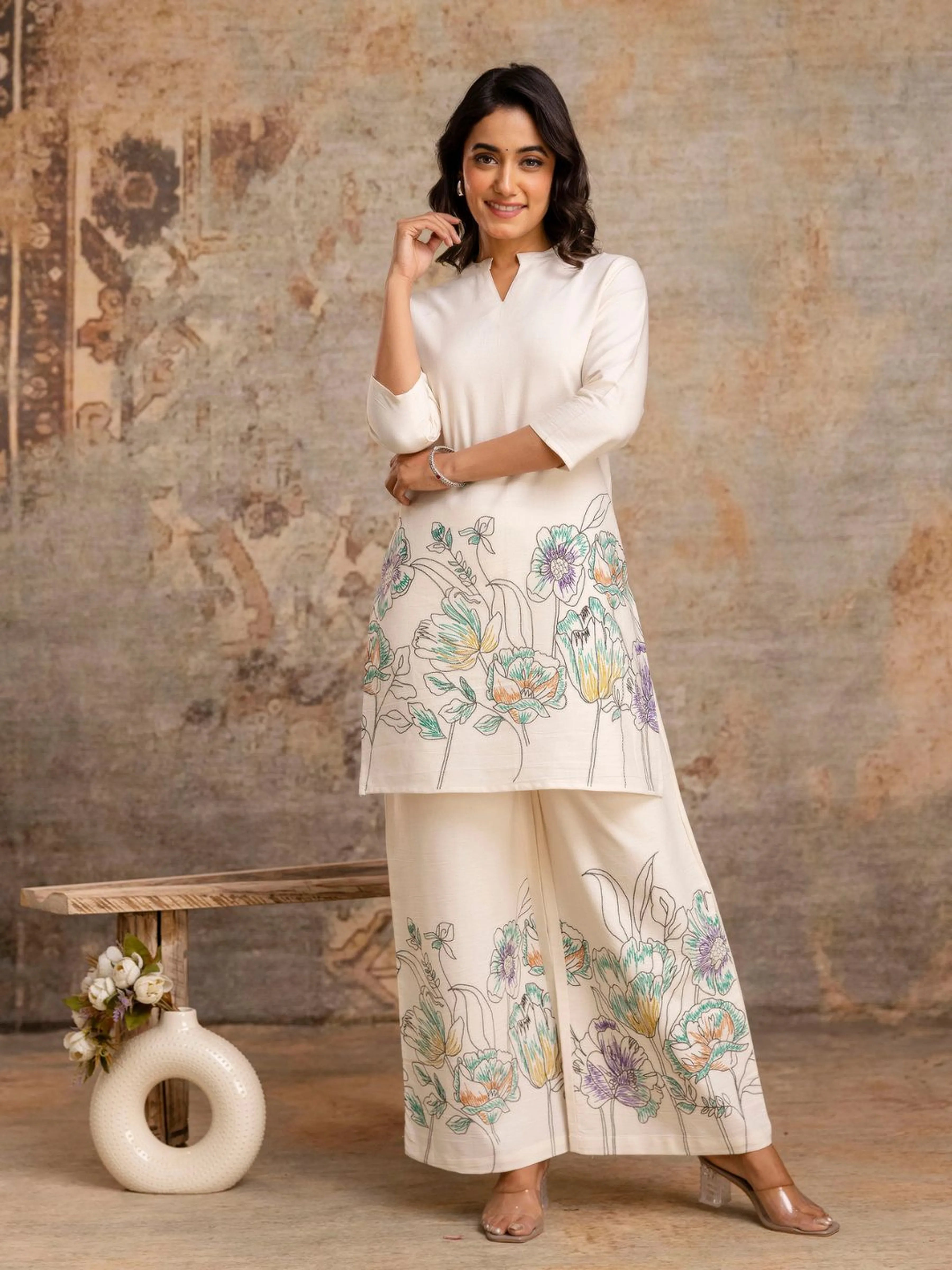 Ivory Floral Kurta & Wide-Leg Cotton Flex Co-ord Set