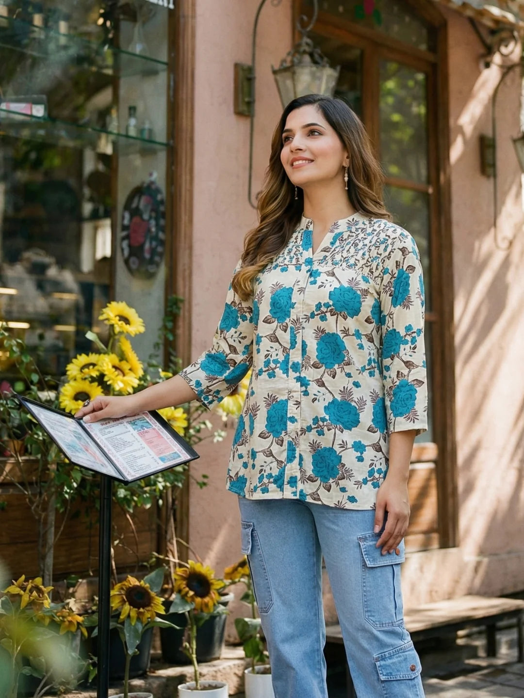Blue Floral Cotton Short Kurti