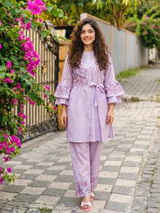Lavender Pink Embroidered Tunic & Trouser Set With Belt