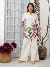 Cream Botanical Leaf Kurta & Wide-Leg Co-ord Set in Cotton Flex
